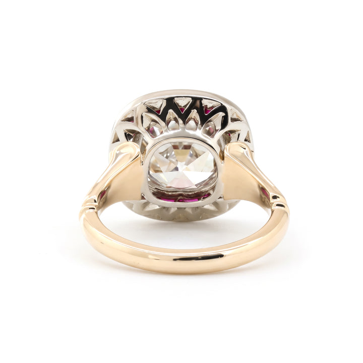 Old Mine-Cut Lab Diamond Millegrain Bezel Ring with Tapered Baguette Ruby Halo