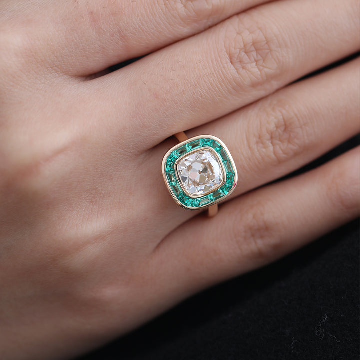 Old Mine-Cut Lab Diamond Bezel Ring with Tapered Baguette Emerald Halo