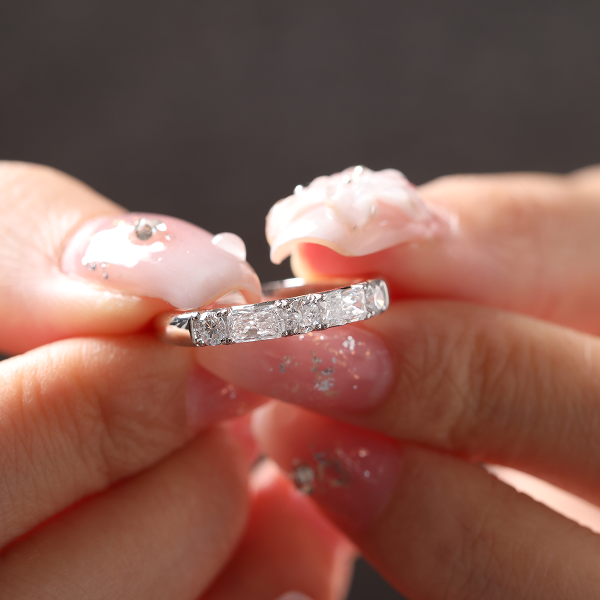 14K White Gold Round and Radiant Cut Lab Diamond 5 Stone Half Eternity Ring