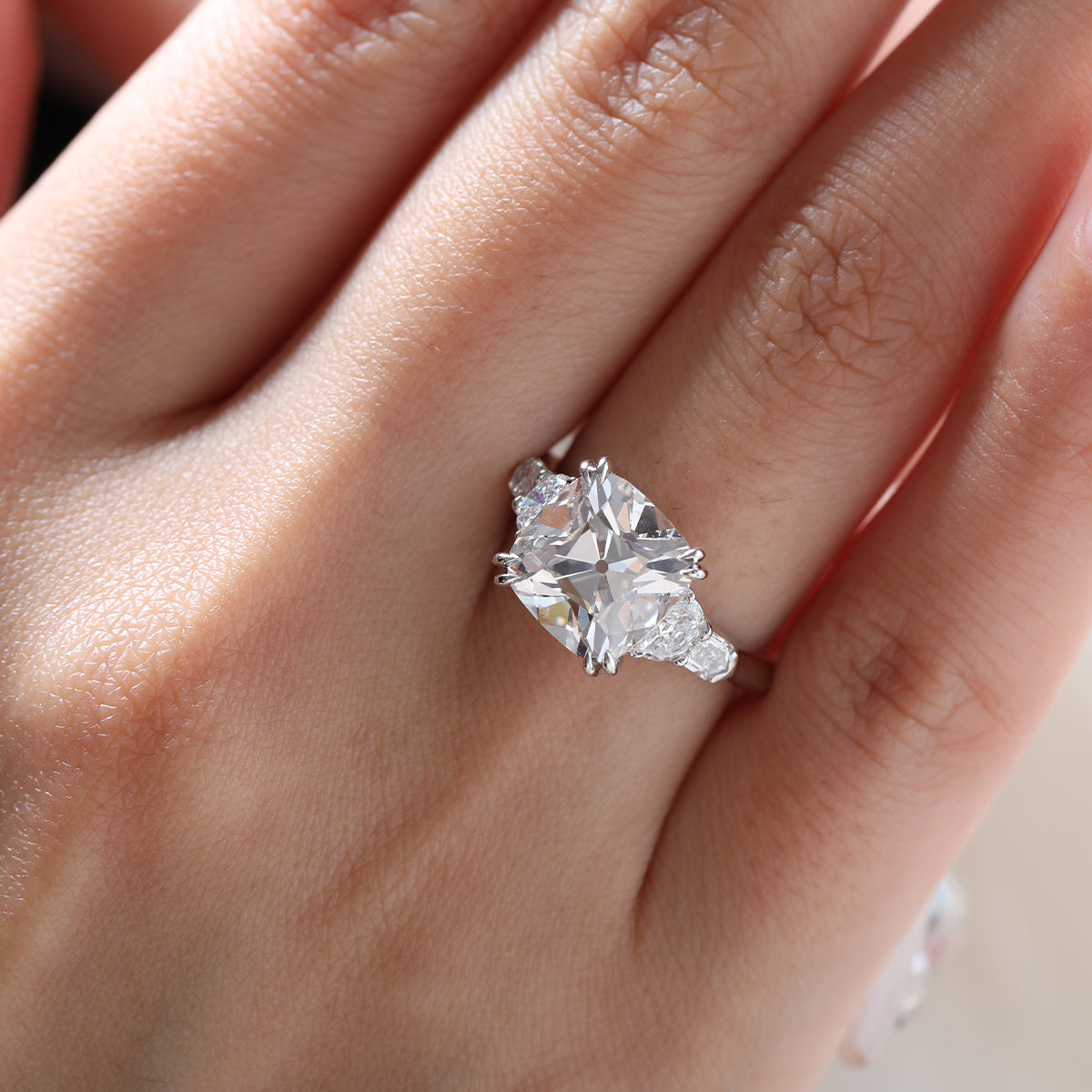 Platinum 4ct Old Mine Cut Lab Diamond Double Claw Prong Basket 5 Stone Ring with Half Moon and Bullet Cut Lab Diamond Side-stone