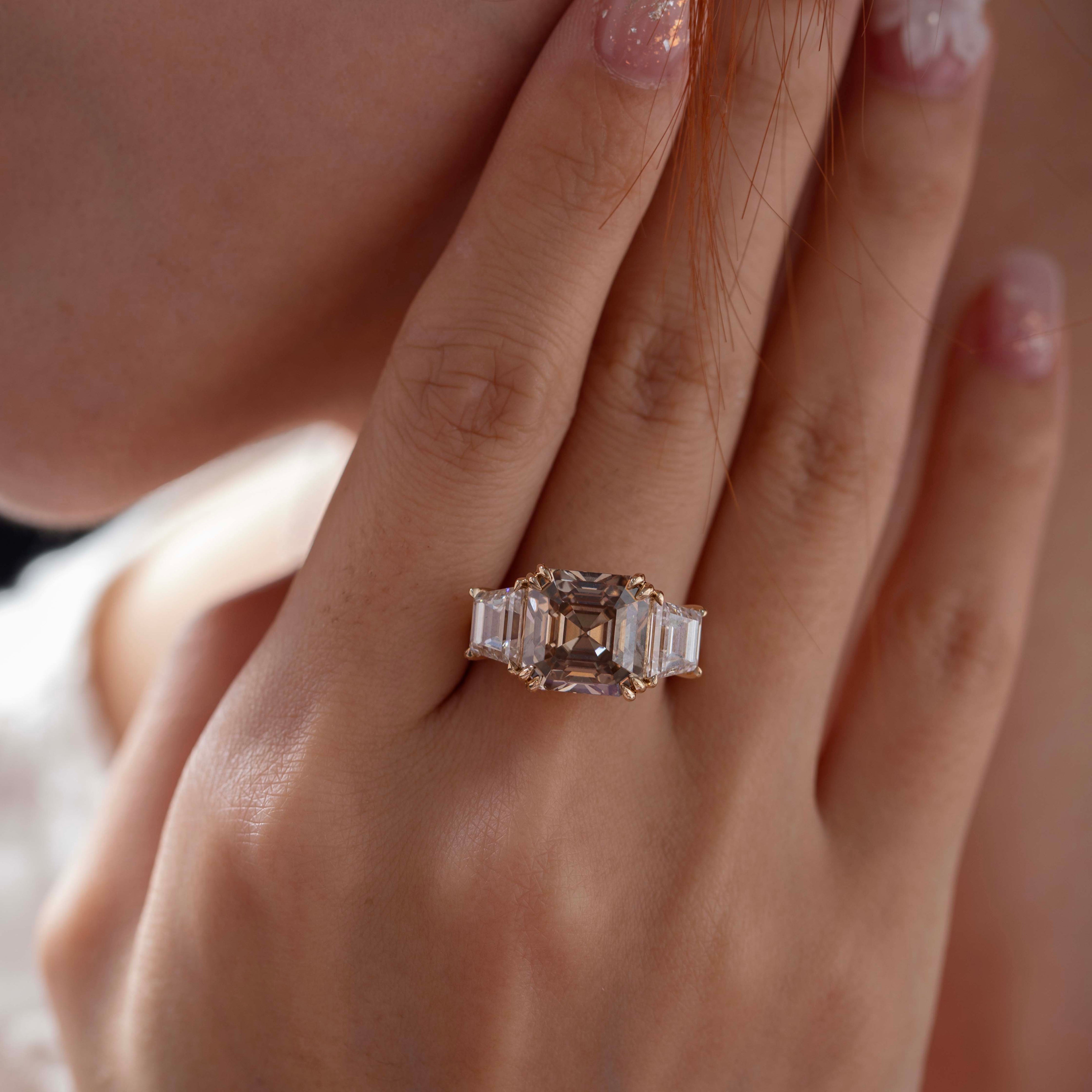 14K Yellow Gold 7.01ct Asscher Cut Brown Lab Diamond Double Claw Prongs Three-stone Ring with Two Trapezoid Step Cut Diamonds