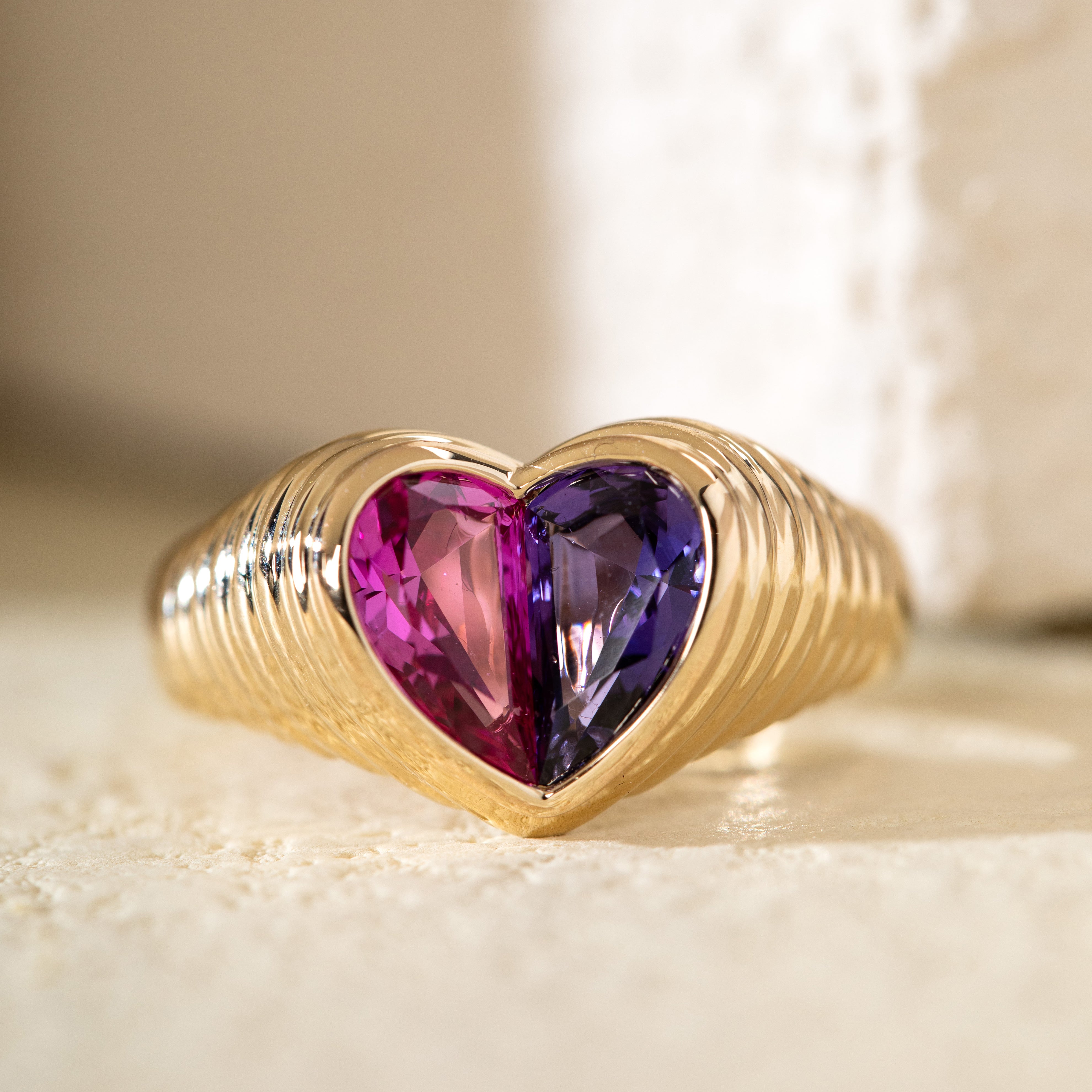 Cherished Moments 14K Yellow Gold Heart Shaped Toi et Moi Ring with 2 Half Heart Shapes Lab Pink Sapphire and Purple Sapphire (Fancy Corundum)