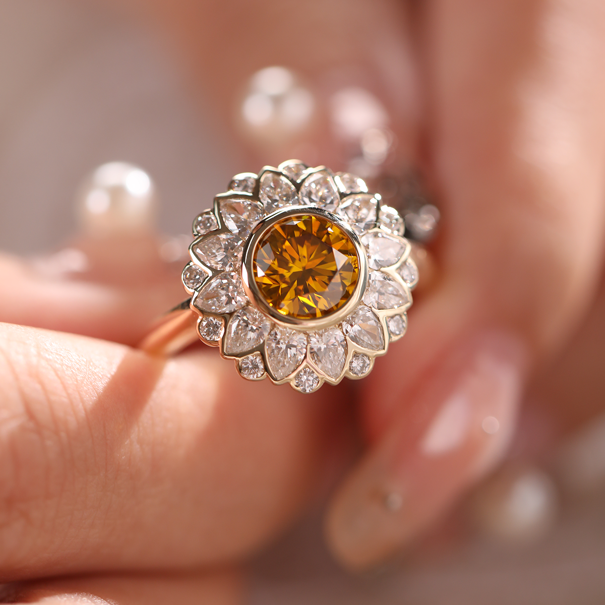 14K Yellow Gold 1.5ct Round Cut Yellow Lab Diamond Nature-Inspired Sunflower Halo Ring