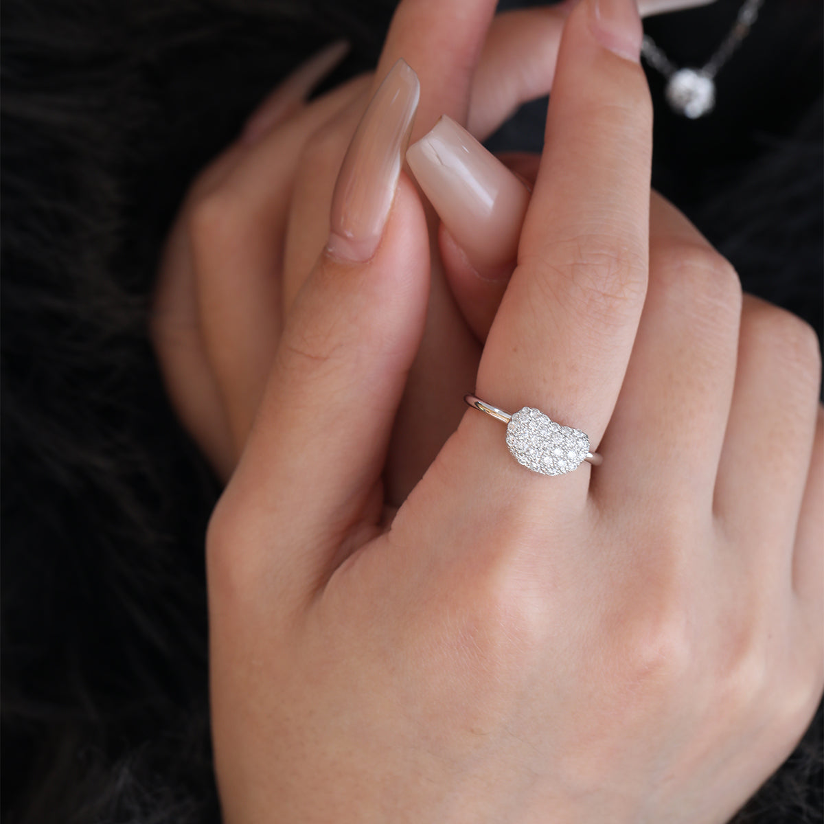 14K White Gold Round Brilliant Cut Lab Diamond  Bean Shape Pave Ring - Nature-Inspired Design