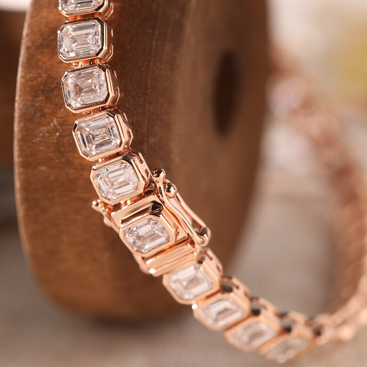 18K Rose Gold Emerald Cut Lab Diamond Bezel Tennis Bracelet