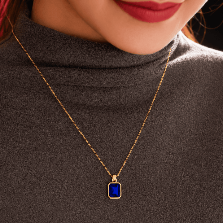 6ct Emerald - Cut Lab Sapphire Bezel Pendant Necklace - FIORESE JEWELRY