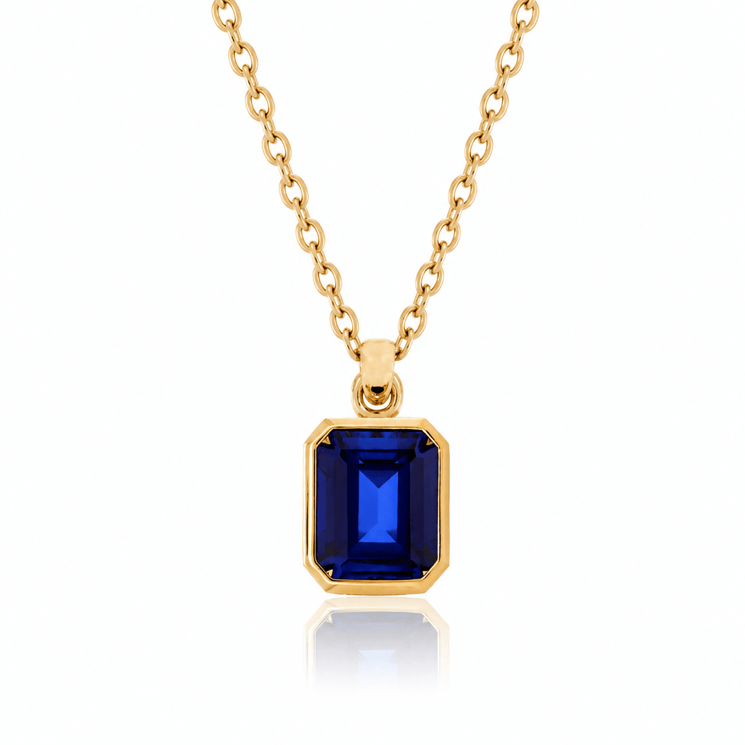 6ct Emerald - Cut Lab Sapphire Bezel Pendant Necklace - FIORESE JEWELRY