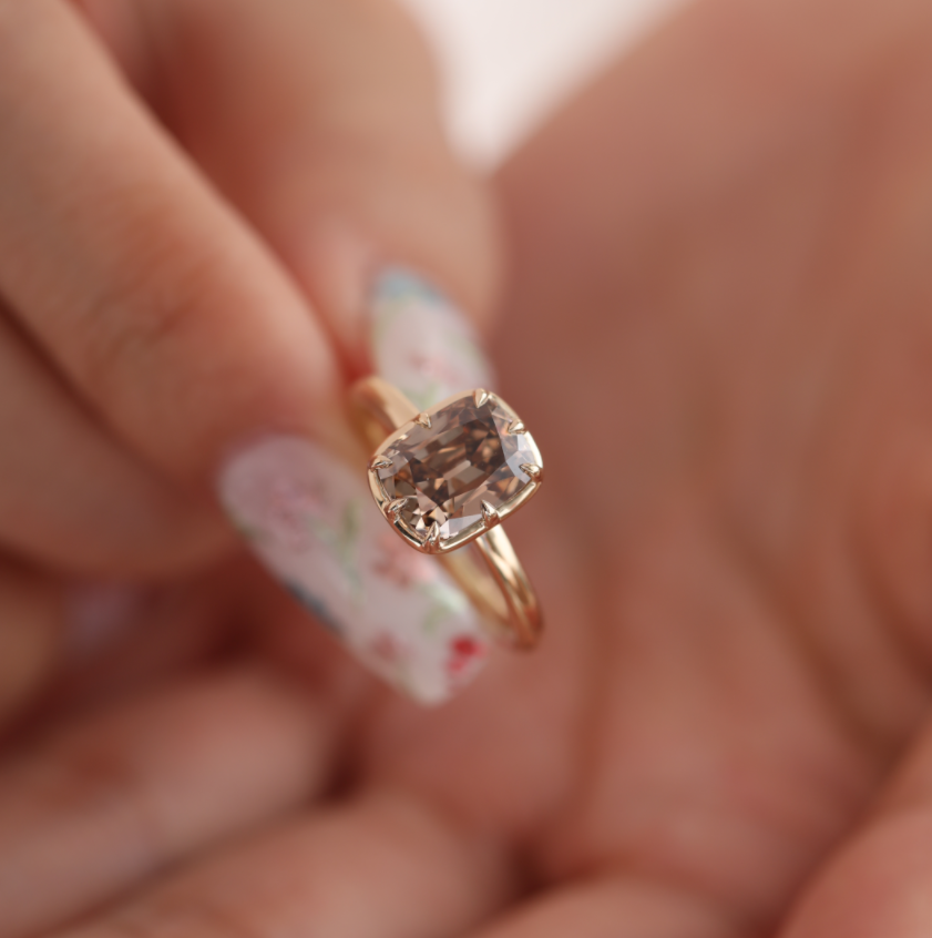 14K Yellow Gold 2.5ct Elongated Old Mine Cut Brown Lab Diamond 8 Claw Prongs Basket Solitaire Ring