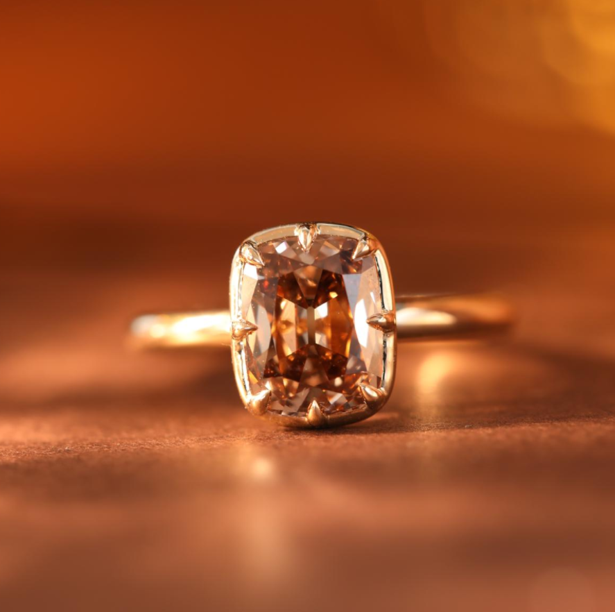 14K Yellow Gold 2.5ct Elongated Old Mine Cut Brown Lab Diamond 8 Claw Prongs Basket Solitaire Ring