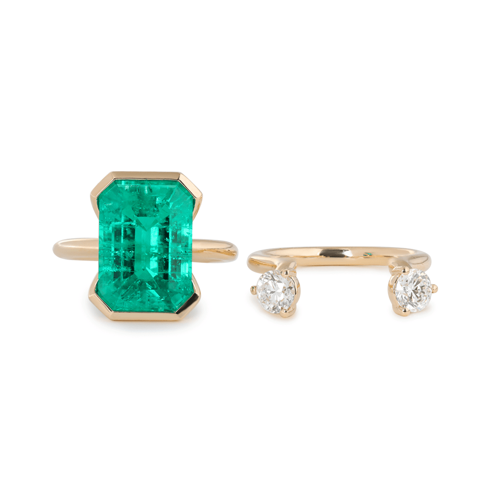 7 CT Emerald Cut Colombian Lab Emerald Half Bezel Bridal Ring Set — Statement Ring with Matching Ring Enhancer - FIORESE JEWELRY