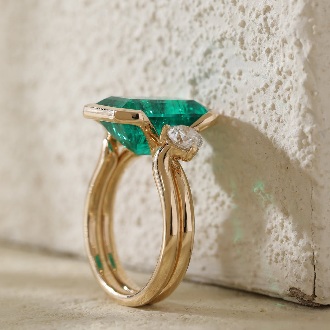 7 CT Emerald Cut Colombian Lab Emerald Half Bezel Bridal Ring Set — Statement Ring with Matching Ring Enhancer - FIORESE JEWELRY