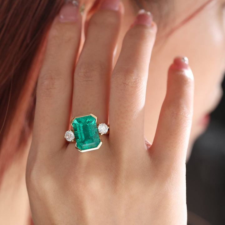 7 CT Emerald Cut Colombian Lab Emerald Half Bezel Bridal Ring Set — Statement Ring with Matching Ring Enhancer - FIORESE JEWELRY