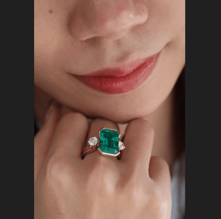 7 CT Emerald Cut Colombian Lab Emerald Half Bezel Bridal Ring Set — Statement Ring with Matching Ring Enhancer - FIORESE JEWELRY