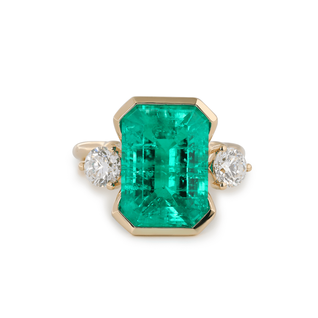 7 CT Emerald Cut Colombian Lab Emerald Half Bezel Bridal Ring Set — Statement Ring with Matching Ring Enhancer - FIORESE JEWELRY