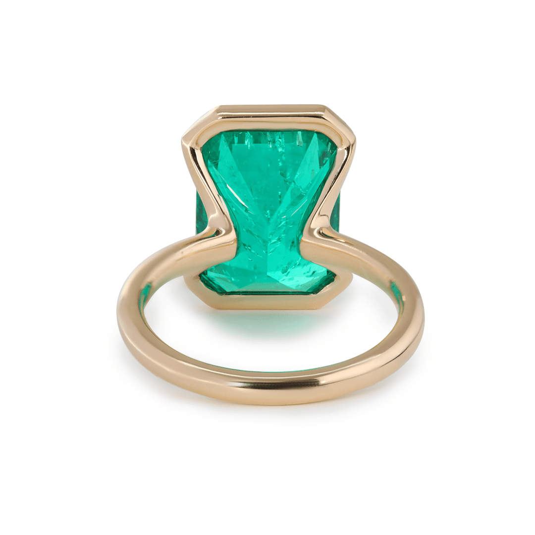 7 CT Emerald Cut Colombian Lab Emerald Half Bezel Bridal Ring Set — Statement Ring with Matching Ring Enhancer - FIORESE JEWELRY