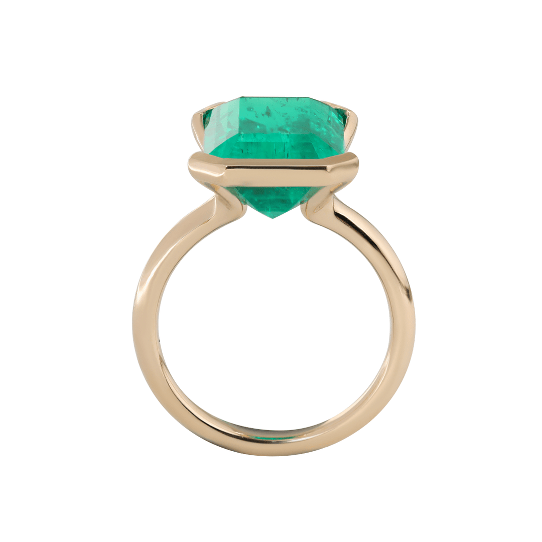 7 CT Emerald Cut Colombian Lab Emerald Half Bezel Bridal Ring Set — Statement Ring with Matching Ring Enhancer - FIORESE JEWELRY