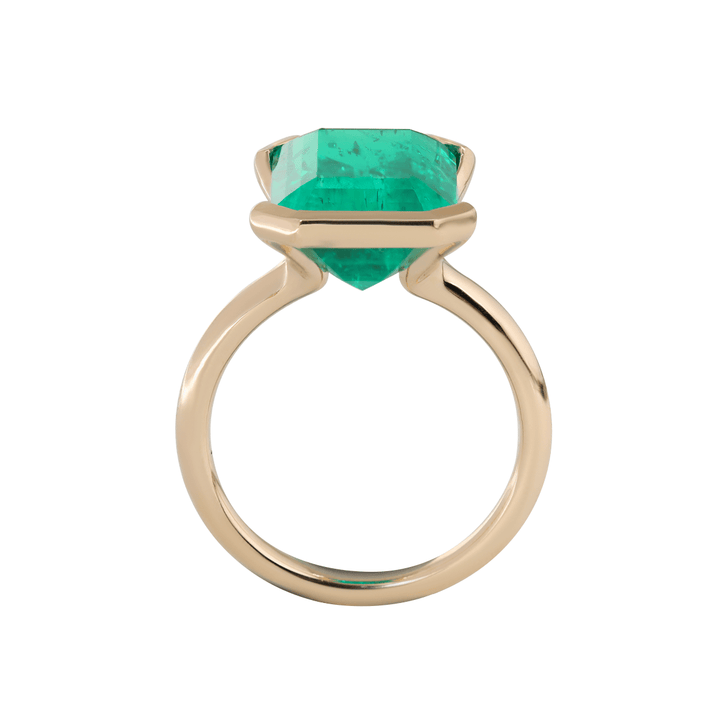7 CT Emerald Cut Colombian Lab Emerald Half Bezel Bridal Ring Set — Statement Ring with Matching Ring Enhancer - FIORESE JEWELRY
