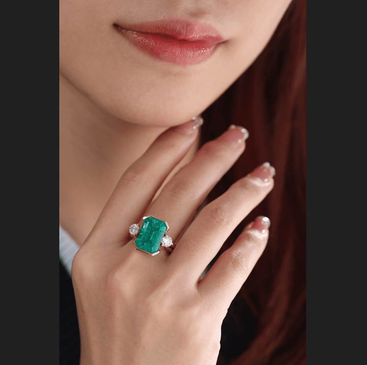 7 CT Emerald Cut Colombian Lab Emerald Half Bezel Bridal Ring Set — Statement Ring with Matching Ring Enhancer - FIORESE JEWELRY