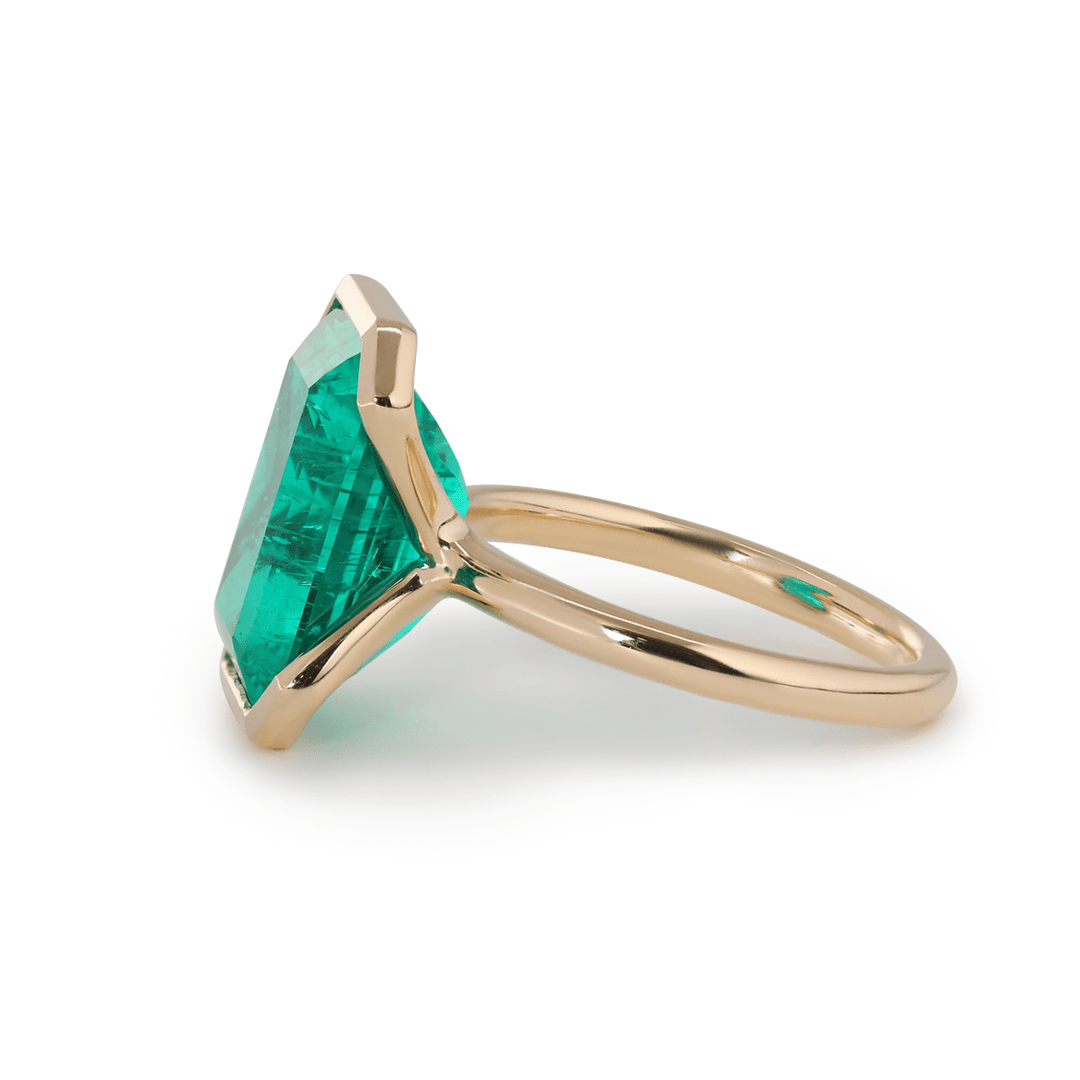 7 CT Emerald Cut Colombian Lab Emerald Half Bezel Bridal Ring Set — Statement Ring with Matching Ring Enhancer - FIORESE JEWELRY
