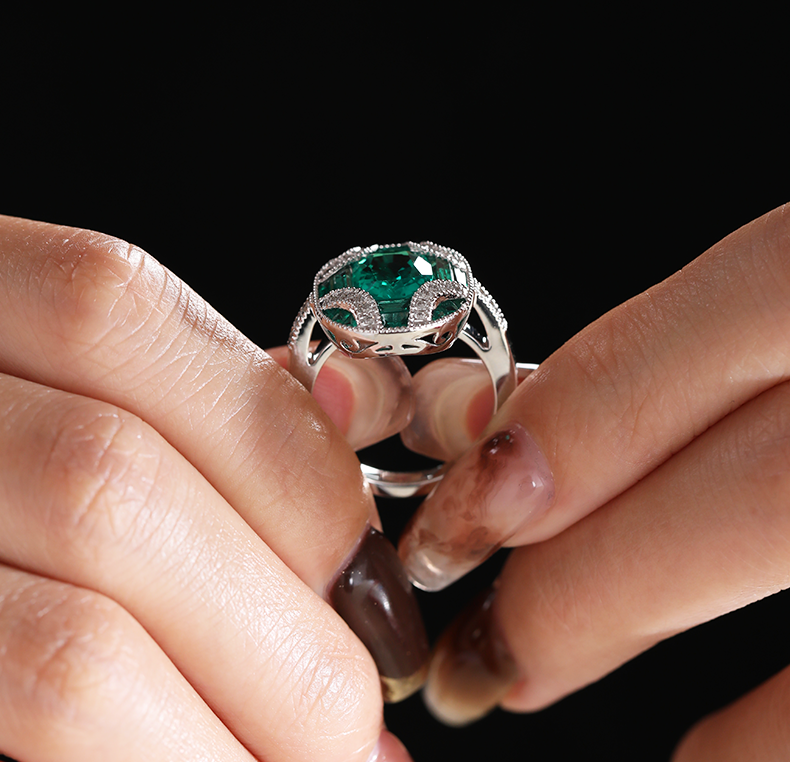 18K White Gold 2ct Cushion Lab Columbian Emerald Millegrain Invisible Setting Vintage Ring with Round Lab Diamond and Mixed Cut Lab Columbian Emerald Side-stones Monthly Deals