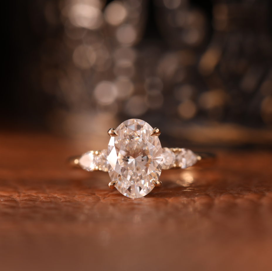 Oval Lab Diamond 4 Claw Prong Basket Ring with Round and Pear Lab Diamond Side-stones