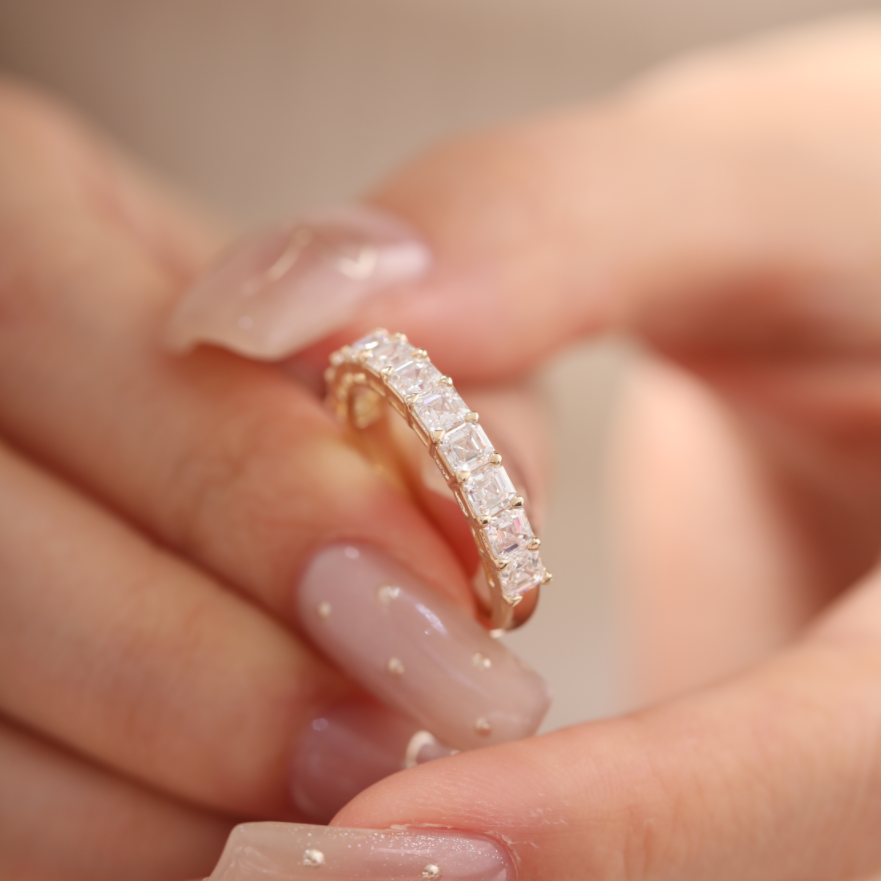 Asscher-Cut Lab Diamond Half Eternity Ring with Shared Claw Prongs