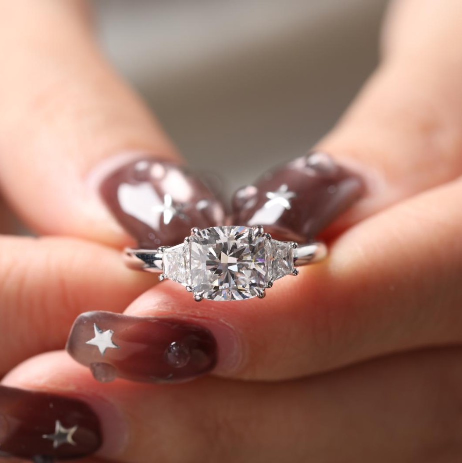 Cushion Brilliant Cut Lab Diamond 4 Claw Prong Basket Three-stone Ring with Brilliant Cut Trapezoid Side-stones