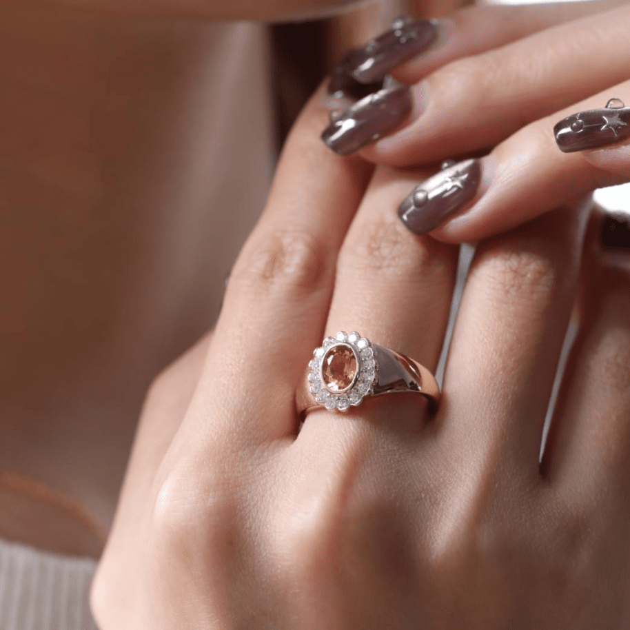 7*5mm Oval Natural Citrine Bezel Flower Ring with Round Lab Diamond Halo — Art Nouveau Nature - Inspired - FIORESE JEWELRY