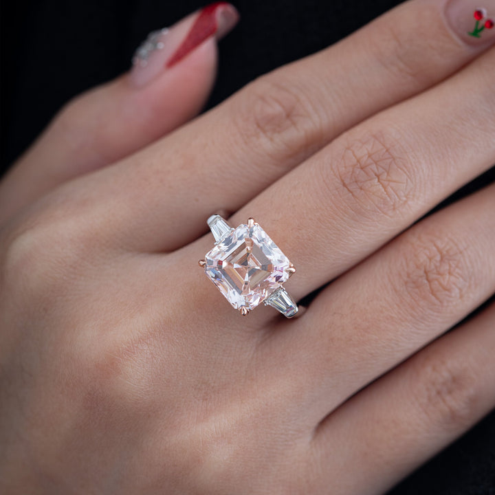 7.99CT Asscher Cut Pink Lab Diamond Classic Three Stone Statement Ring - FIORESE JEWELRY