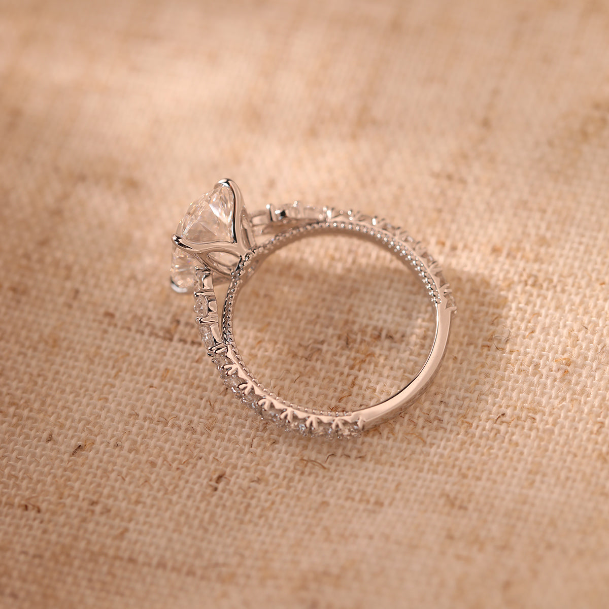 18K White Gold 3.5ct Oval Lab Diamond Vintage Ring with Millegrain and Lab Diamond Side-stones Pave