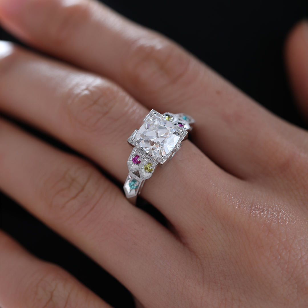 OMC Diamond Millegrain Ring with Fancy Color Gem Side Stones