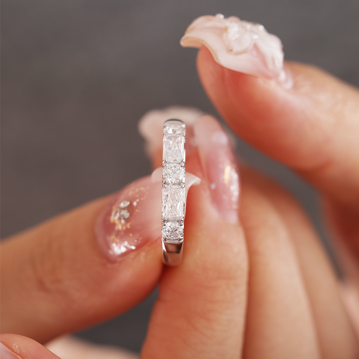 14K White Gold Round and Radiant Cut Lab Diamond 5 Stone Half Eternity Ring