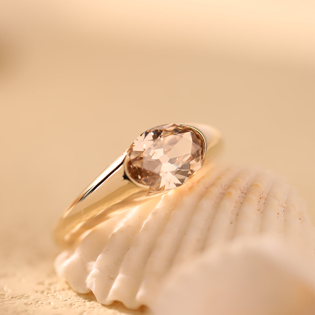 14K Yellow Gold 1.7ct Oval Champagne Color Old Mine Cut Lab Diamond Solitaire Hale Bezel Ring