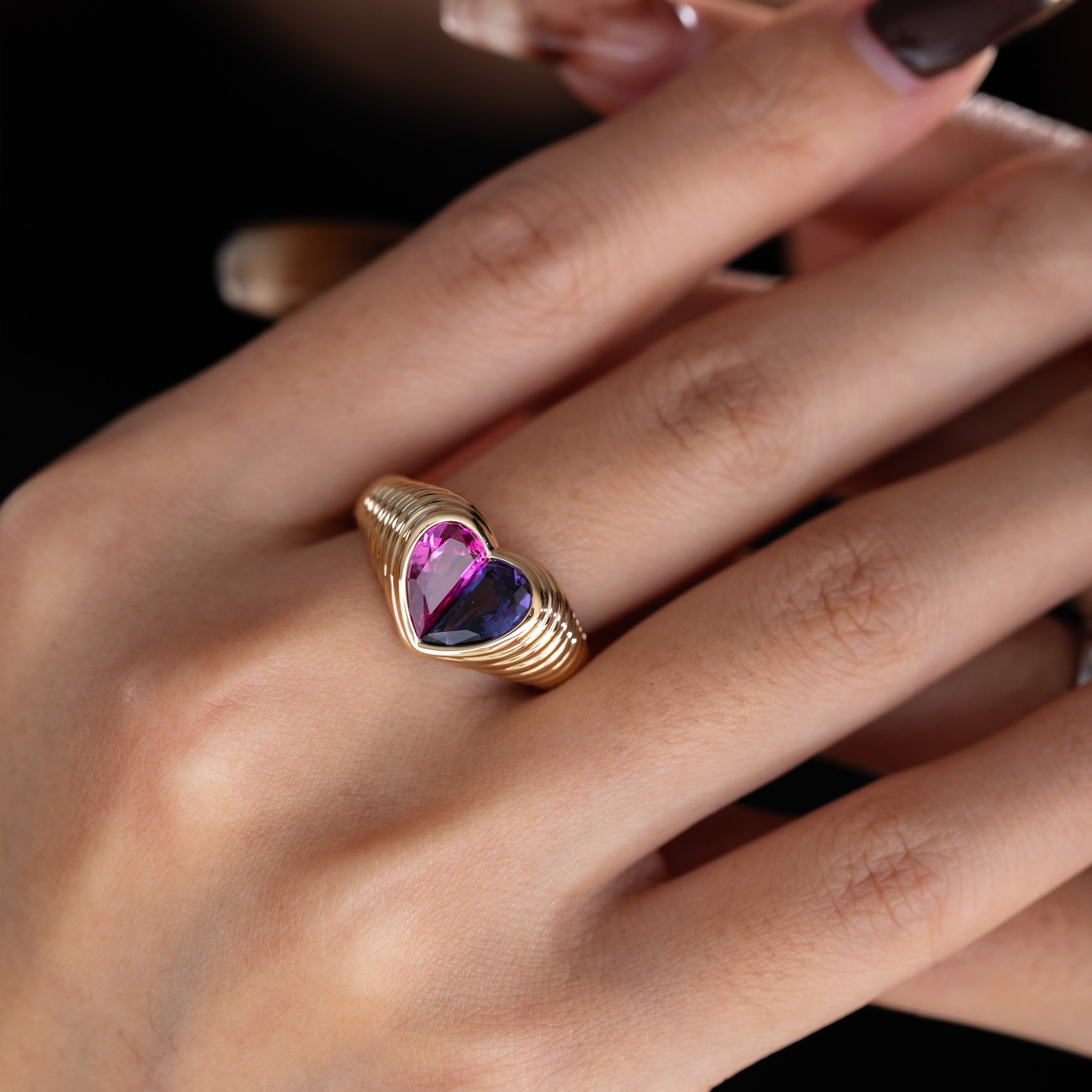 Cherished Moments 14K Yellow Gold Heart Shaped Toi et Moi Ring with 2 Half Heart Shapes Lab Pink Sapphire and Purple Sapphire (Fancy Corundum)