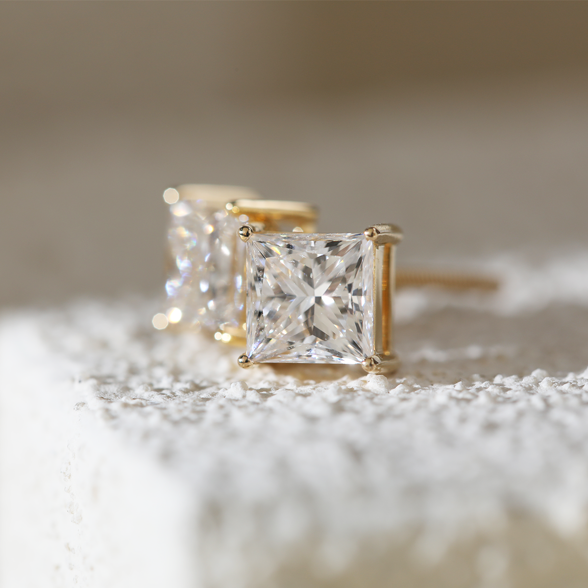 18K Yellow Gold Princes Cut Lab diamond Stud Earrings