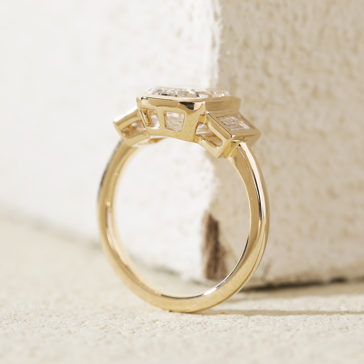 14K Yellow Gold 3ct Antique Emerald Cut Lab Diamond Bezel Three Stone Ring with Baguette Cut Lab Diamond Side-stones