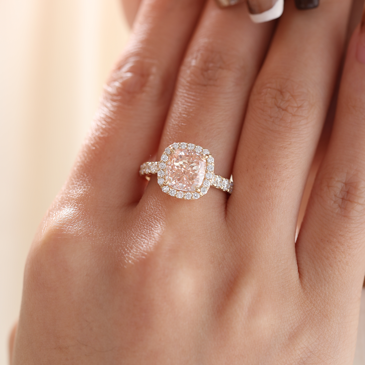 14K Yellow Gold 3ct Cushion Cut Pink Lab Diamond Ring with Round Lab Diamond Halo and U-shape Pave