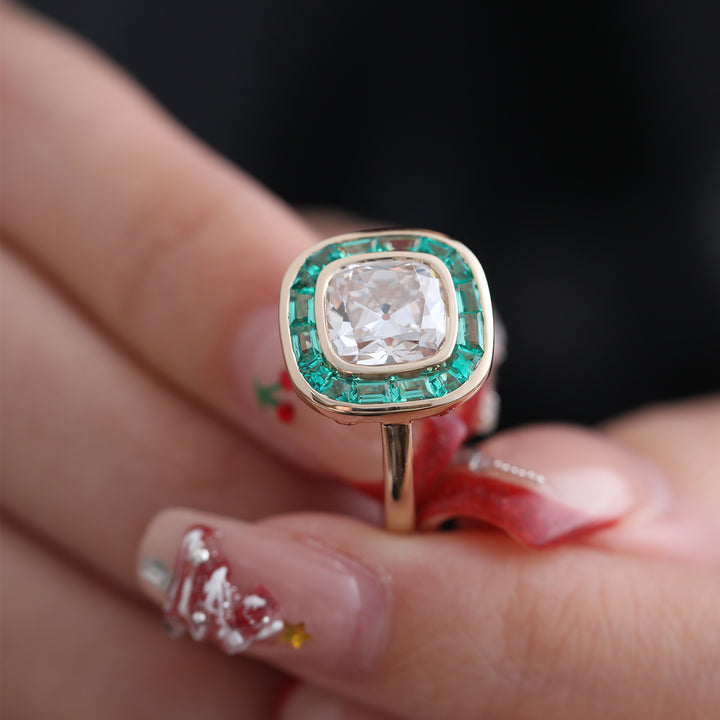 Old Mine-Cut Lab Diamond Bezel Ring with Tapered Baguette Emerald Halo