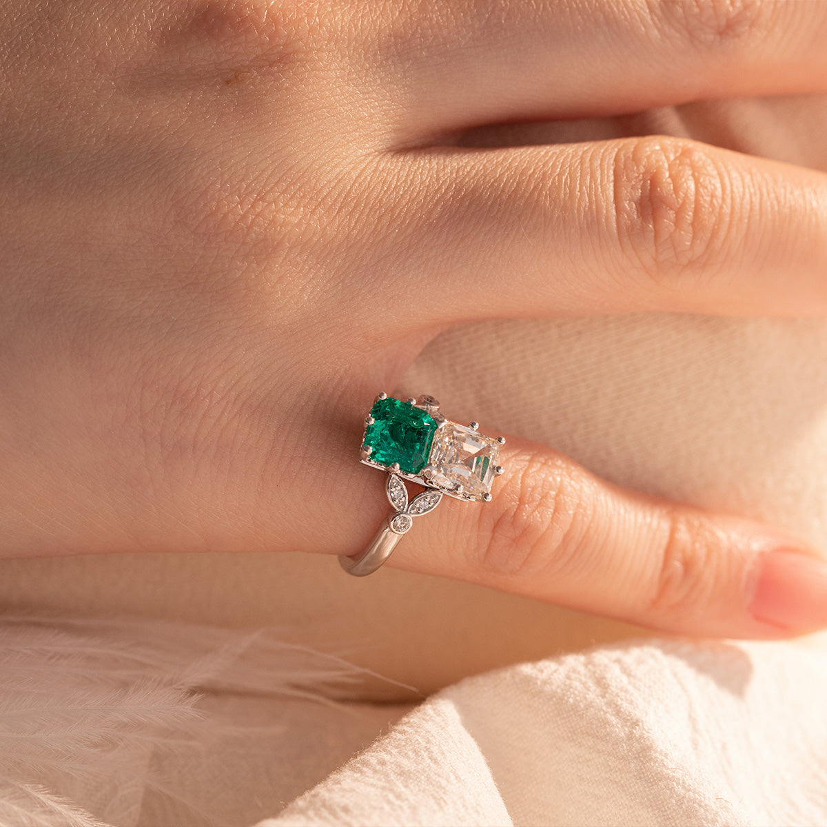 18K White Gold Asscher Cut Lab Emerald & Lab Diamond Toi et Moi Side-stone Cocktail Ring