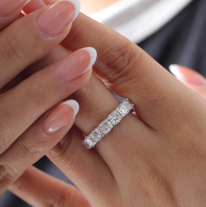 Cushion-Cut Lab Diamond Eternity Ring with Shared Round Prong and Round Pavé