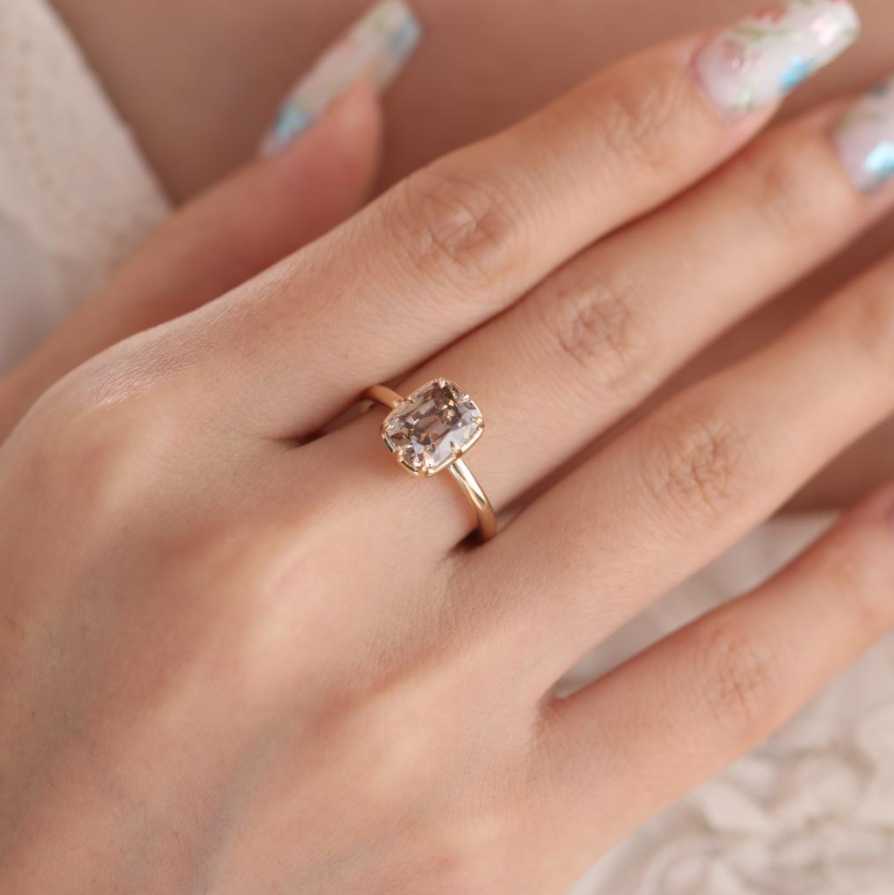 14K Yellow Gold 2.5ct Elongated Old Mine Cut Brown Lab Diamond 8 Claw Prongs Basket Solitaire Ring