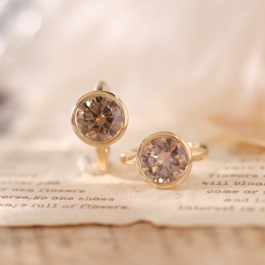 14K Yellow Gold 2 ct tw Round Brown Lab Diamond Bezel Huggie Earrings