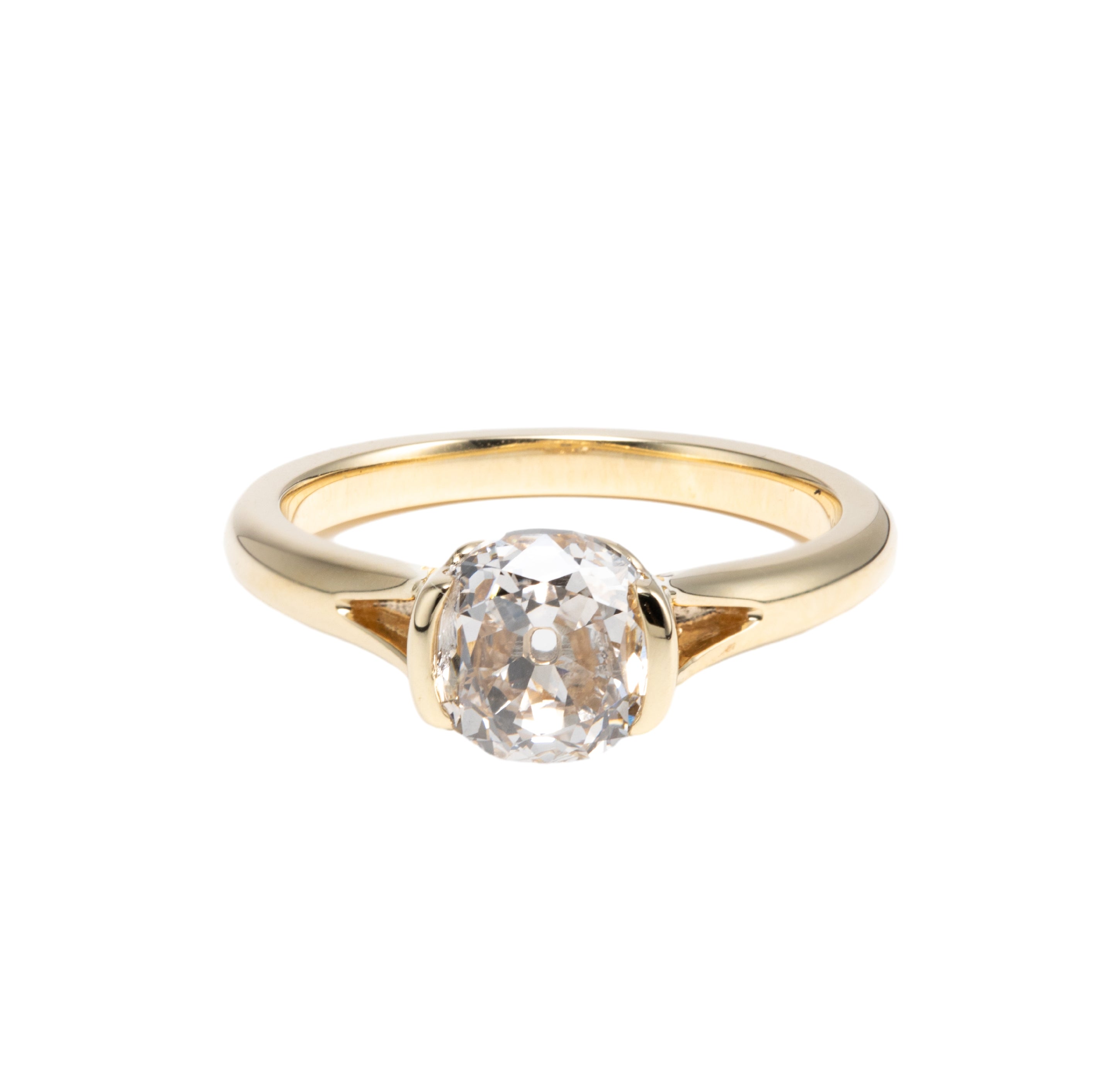 14K Yellow Gold 2ct Old Mine Cut Lab Diamond Half Bezel Ring with Knot Design