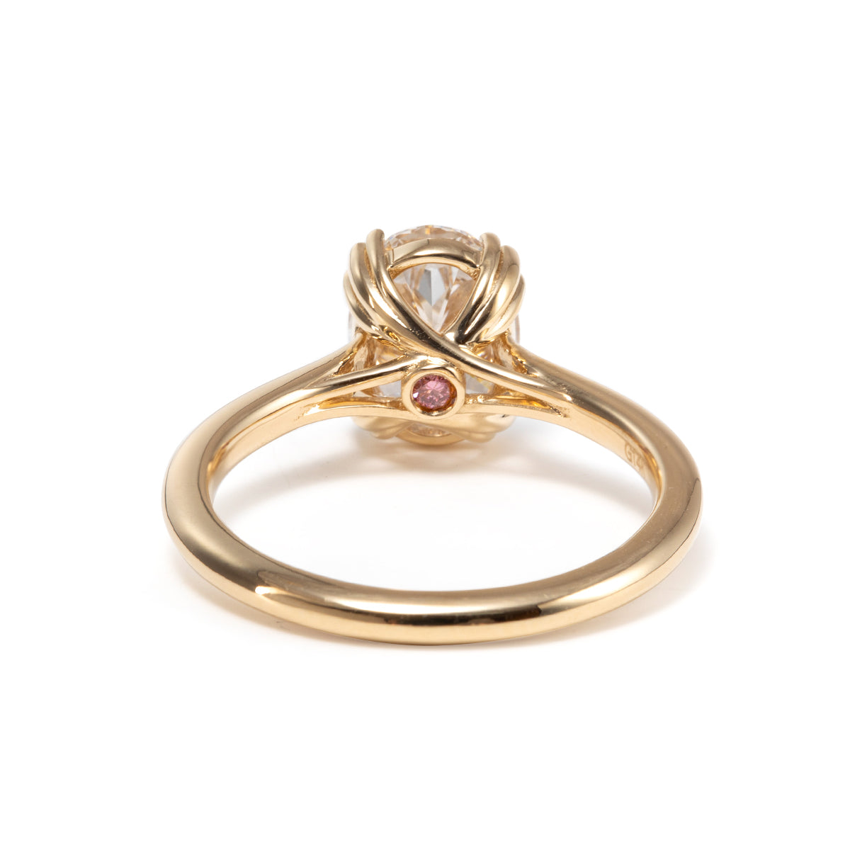 14K Yellow Gold Oval Cut Lab Diamond Pink Corundum Hidden Halo Ring with Triple Prong and Cathedral Setting