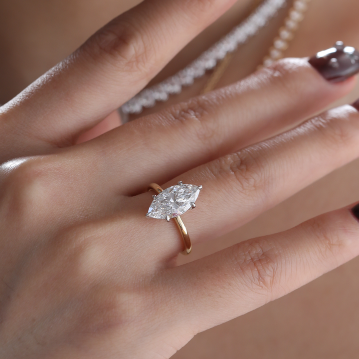 Marquise-Cut Lab Diamond Solitaire Ring with Six-Claw Prong Setting and Slim Band