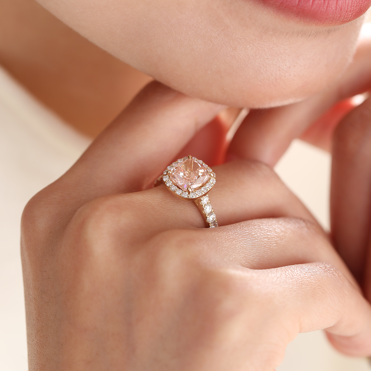 14K Yellow Gold 3ct Cushion Cut Pink Lab Diamond Ring with Round Lab Diamond Halo and U-shape Pave