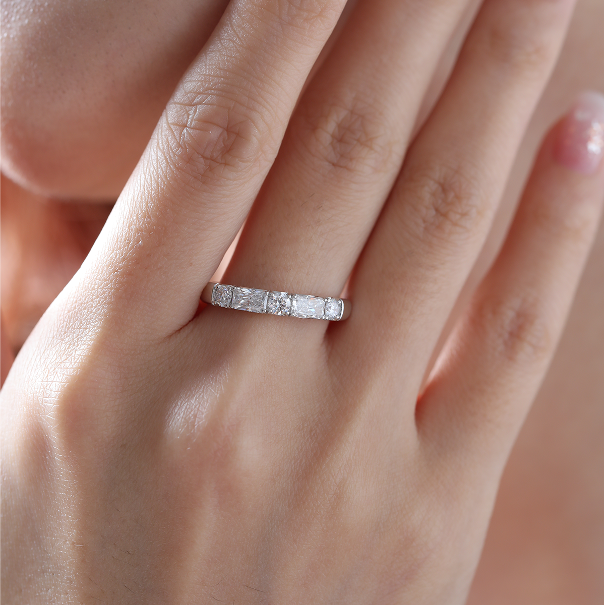 14K White Gold Round and Radiant Cut Lab Diamond 5 Stone Half Eternity Ring