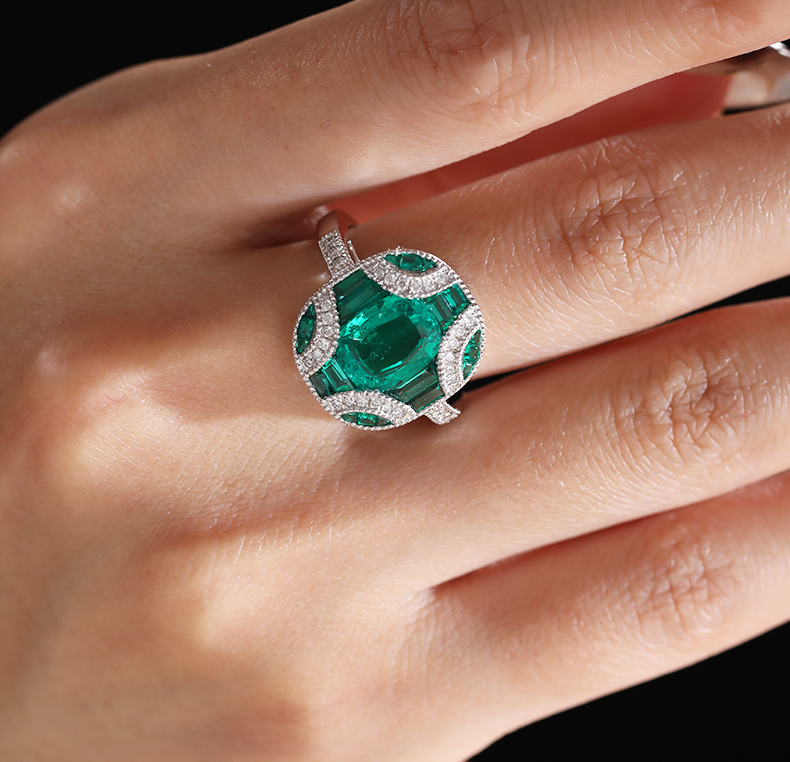 18K White Gold 2ct Cushion Lab Columbian Emerald Millegrain Invisible Setting Vintage Ring with Round Lab Diamond and Mixed Cut Lab Columbian Emerald Side-stones Monthly Deals