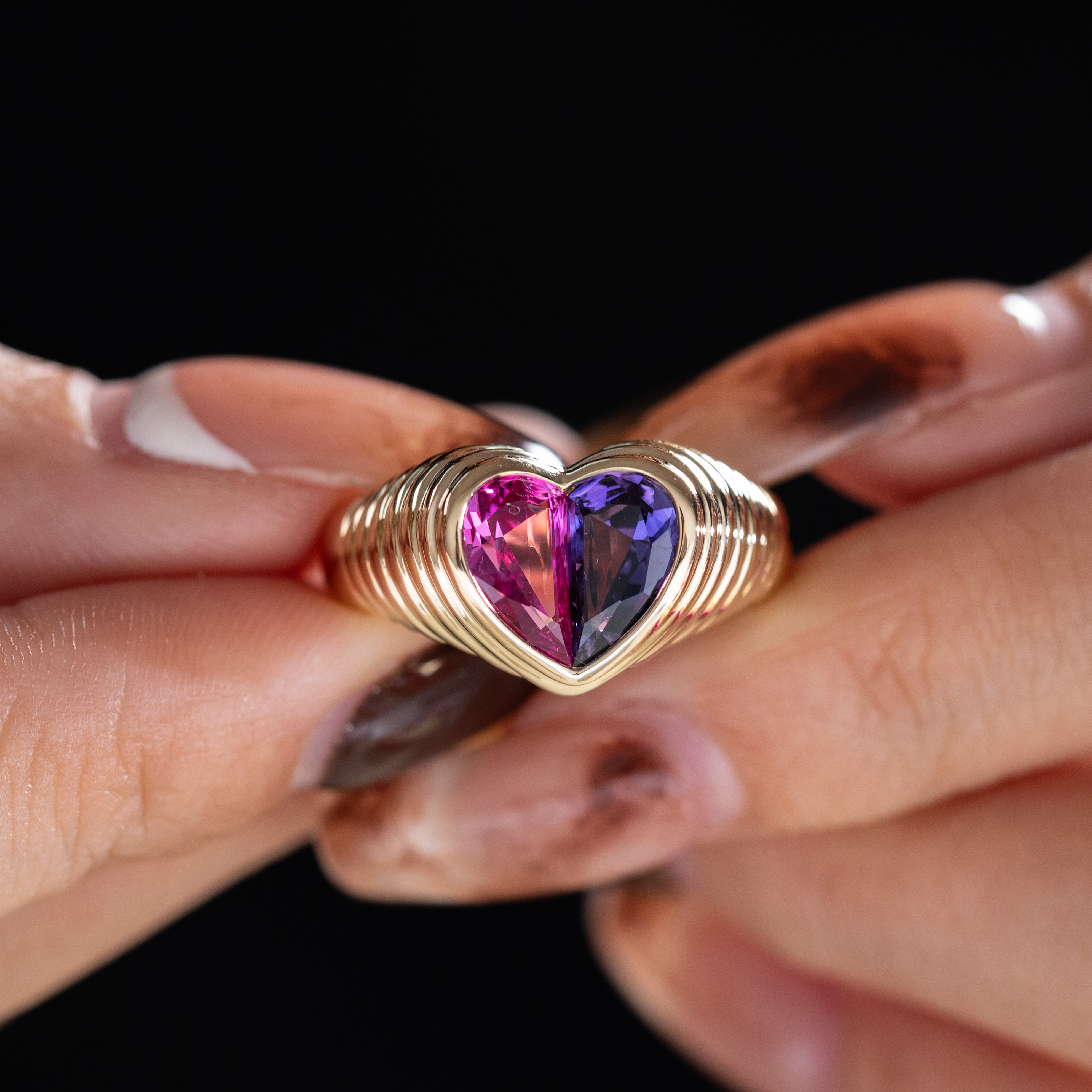 14K Yellow Gold Heart Shaped Toi et Moi Ring with 2 Half Heart Shapes Lab Pink Sapphire and Purple Sapphire (Fancy Corundum)