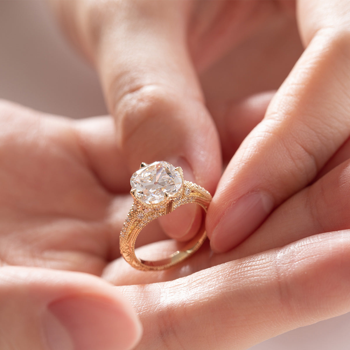 14K Yellow Gold 3ct Old Mine Cut Lab Diamond Crown Setting Diamond-milling Vintage Ring with Round Lab Diamond Side-stone